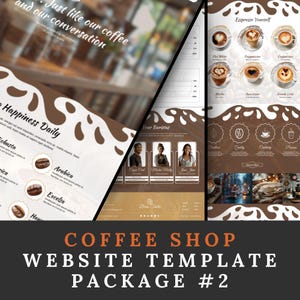 May include: Website template design for a coffee shop. The design features a brown and white coffee-themed background with images of coffee beans, coffee cups, and baristas. The text "Espresso Yourself" and "Happiness Daily" are featured on the design.