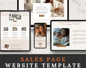 May include: A website template for a sales page with a light brown background. The template features a large image of a woman reading a book, a smaller image of a woman with a child, and a text box with the words "Attention Grabbing Headline Goes Here Vestibulum Purus Quam". The template also includes a call to action button that says "Enroll Now".
