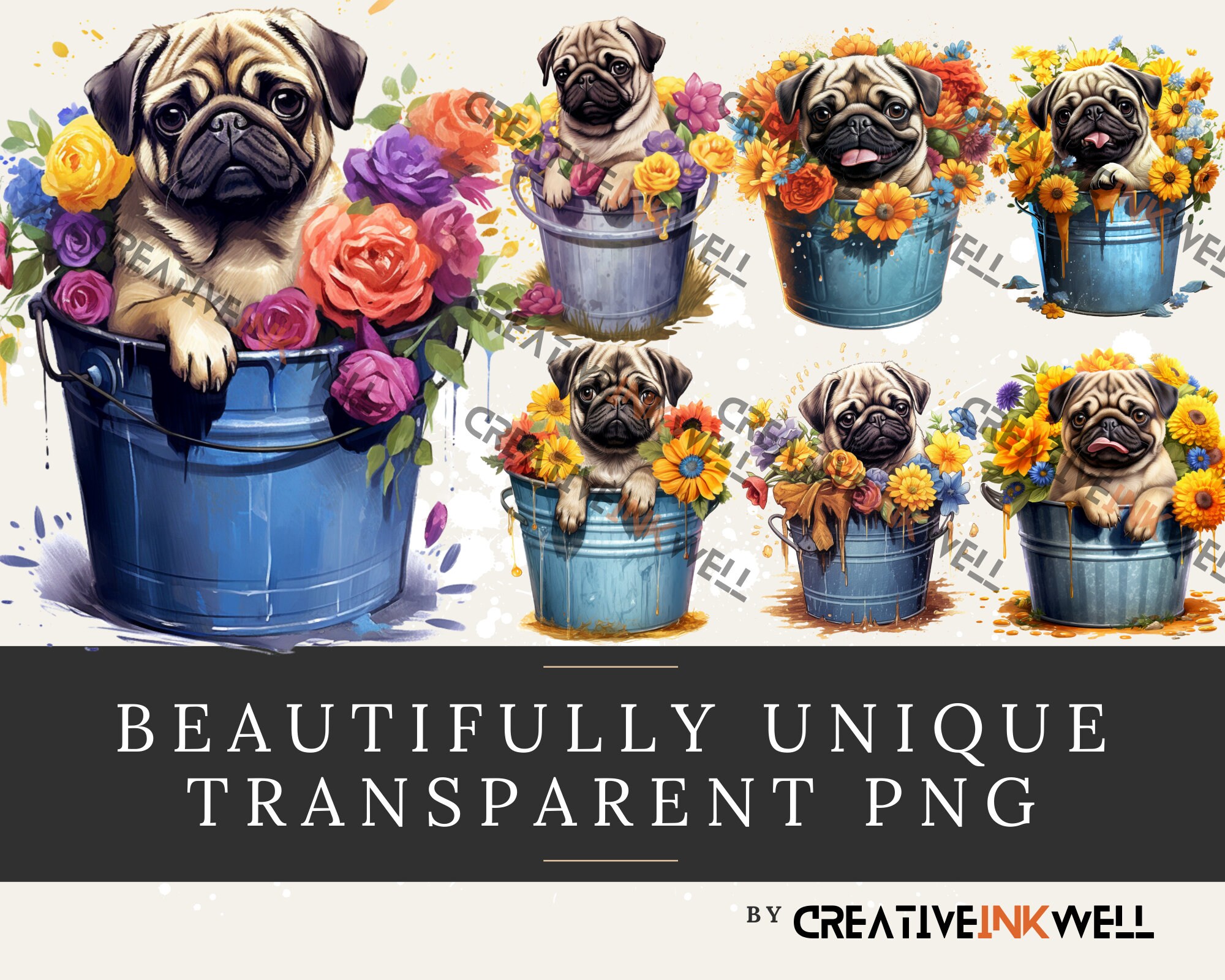 Pug in A Bucket With Flowers Clip Art Collection | 24 PNG Dog Clip Art ...