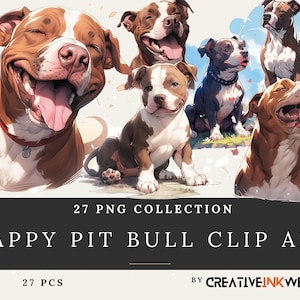 Gelukkig Pit Bull Clip Art collectie | 27PNG | Hoge resolutie | Levendige digitale hondenontwerpen | CreatieveInktpot