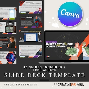 May include: A laptop screen displaying a presentation template with a black and orange color scheme. The template features a cartoon illustration of two people holding stacks of money. The text on the screen reads "Lorem Ipsum INSERT TITLE HERE LOREM IPSUM". The text below the laptop screen reads "42 SLIDES INCLUDED + FREE ASSETS SLIDE DECK TEMPLATE ANIMATED ELEMENTS BY CREATIVEINKWELL".