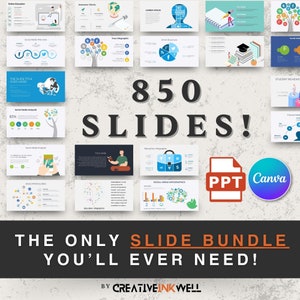 May include: A collage of colorful slides with various infographic designs. The text "850 SLIDES!" is in large, bold, black font. The text "THE ONLY SLIDE BUNDLE YOU'LL EVER NEED!" is in large, bold, black font. The text "BY CREATIVEINKWELL" is in smaller, black font. The text "PPT Canva" is in white font on a red and blue background.