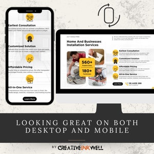 May include: A website design mockup showing a mobile phone and a desktop computer screen. Both screens display a yellow and black design with the text "Home And Businesses Installation Services" and information about tiling services. The text "Looking Great On Both Desktop And Mobile" is displayed below the screens.