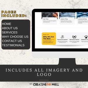 May include: A computer screen displaying a website for a tiling company. The website includes information about the company's services, including wall tiling, outdoor tiling, and commercial tiling. The website also includes a section about the company's values, such as quality materials and customer satisfaction.