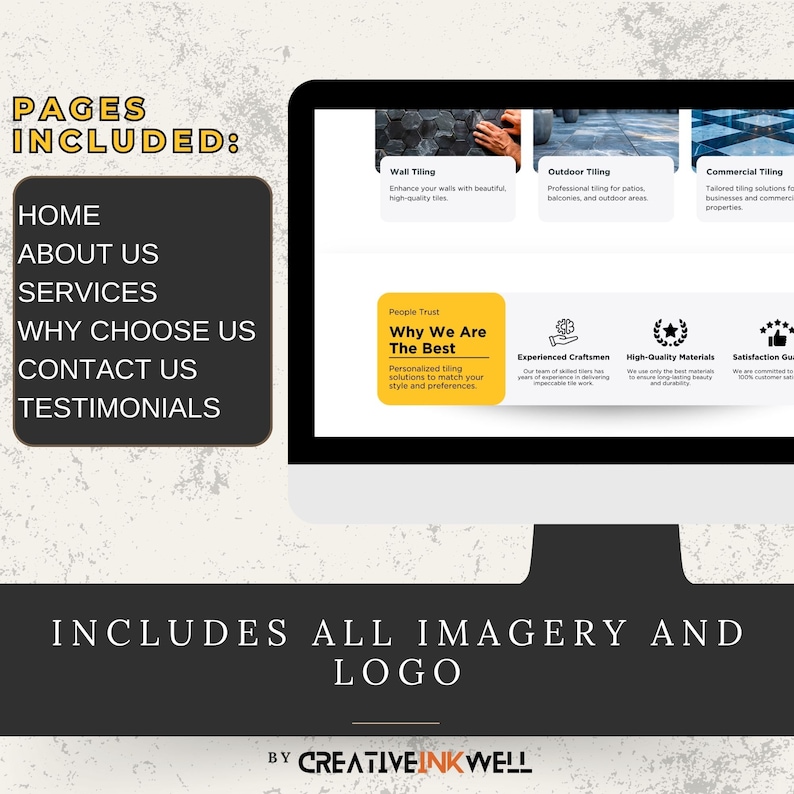 May include: A computer screen displaying a website for a tiling company. The website includes information about the company's services, including wall tiling, outdoor tiling, and commercial tiling. The website also includes a section about the company's values, such as quality materials and customer satisfaction.