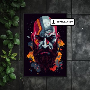 Colorful Kratos Poster - God of War Ragnarok Inspired - Elongated Shapes & Topographic Style - High-Res Printable JPG - Instant Download