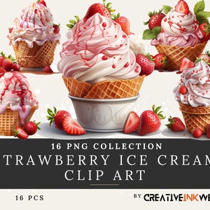 Aardbeienijs Clip Art Collection | 16PNG | Hoge resolutie | Heerlijk roze ontwerpen | CreatieveInktpot