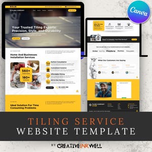 May include: A website template for tiling services. The template features a yellow and white color scheme with images of a tiler and a tiled floor. The text on the website includes the company name "Tiling Company", the tagline "Your Trusted Tiling Experts: Precision, Style, and Durability", and the website title "Tiling Service Website Template".