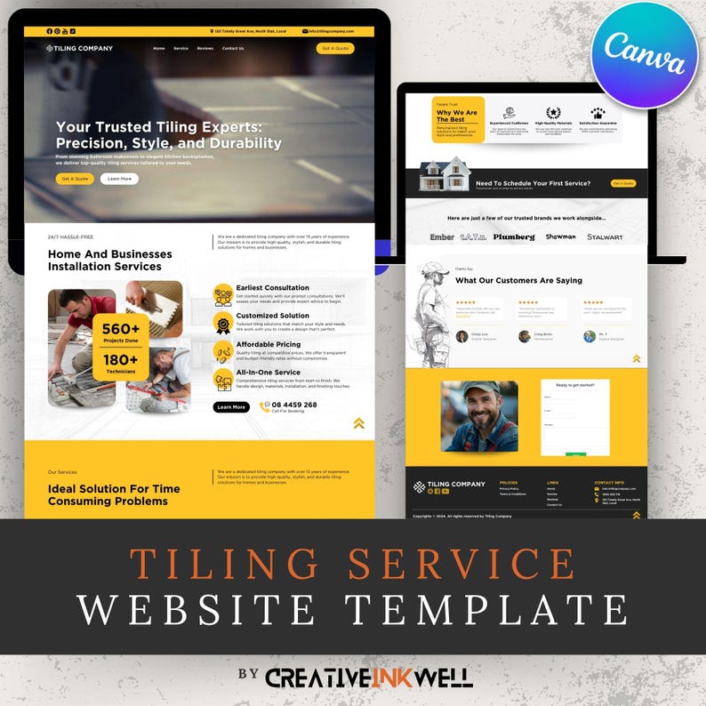 May include: A website template for tiling services. The template features a yellow and white color scheme with images of a tiler and a tiled floor. The text on the website includes the company name "Tiling Company", the tagline "Your Trusted Tiling Experts: Precision, Style, and Durability", and the website title "Tiling Service Website Template".