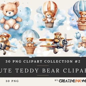 30 PNG Cute Teddy Bear Clip Art Collection #2 | Transparent | Hot Air Balloon | Cloud Watercolour | CreativeInkwell
