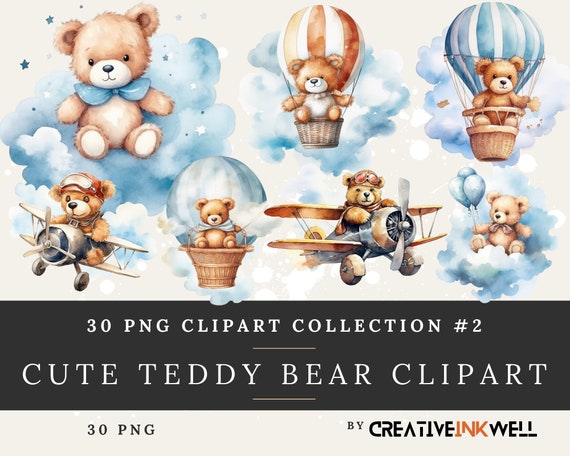 30 PNG Cute Teddy Bear Clip Art Collection #2 | Transparent | Hot Air Balloon | Cloud Watercolour | CreativeInkwell