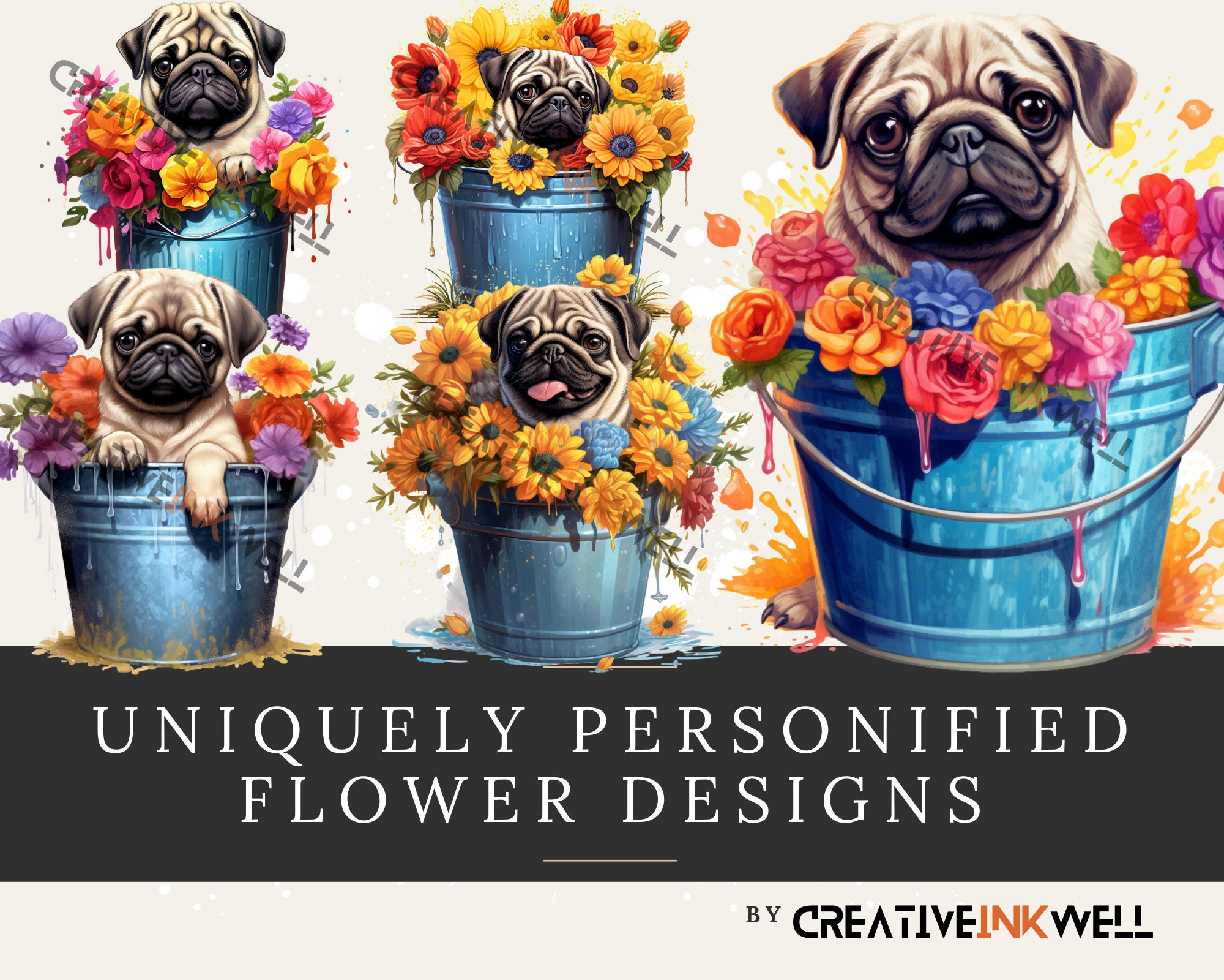 Pug in A Bucket With Flowers Clip Art Collection | 24 PNG Dog Clip Art ...