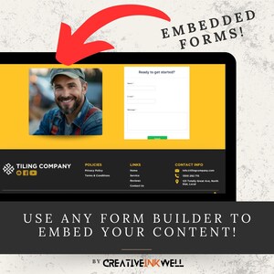 May include: A website for a tiling company with a contact form, a man's photo, and the text "EMBEDDED FORMS!" and "USE ANY FORM BUILDER TO EMBED YOUR CONTENT!"