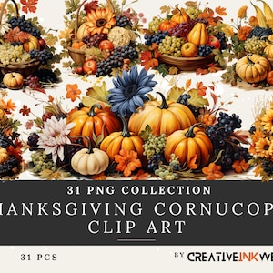 Thanksgiving hoorn des overvloeds clip art collectie | 31PNG | Hoge resolutie | Herfstontwerpen | CreatieveInktpot