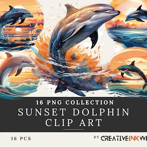 Collection d'art de clip de dauphin de coucher du soleil | 16 PNG | Haute résolution | Coucher de soleil sur la plage | CréatifEncrier