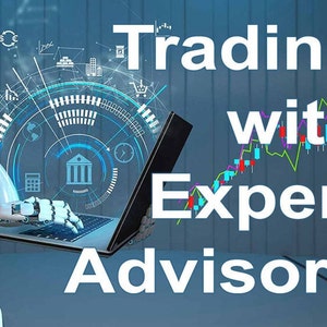 May include: A futuristic robot holding a laptop with the text "Trading with Expert Advisors." The image features a digital interface with financial charts and icons, suggesting a focus on investment and trading.