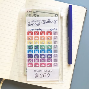 Op de afbeelding: Een kleurrijk spaaruitdagingsschema met enveloppen en dollarbedragen. De grafiek is gelabeld "32 Envelope Savings Challenge" en "New Laptop". Het totale bedrag dat is gespaard is $1200.
