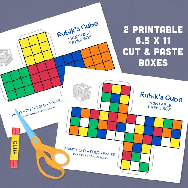 Printable Rubiks Cube Digital Download Paper Gift Box Colorful Kids Craft Fun Instant Download, DIY, Party Favor Glue Paper Art Project