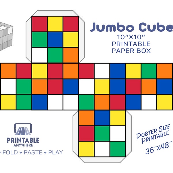 Jumbo Rubiks Cube Box 10 inches Prints on 36x48 Poster Retro Party Favor Retro Game Gift Box 70s 80s Party Decor Favor Box Printable