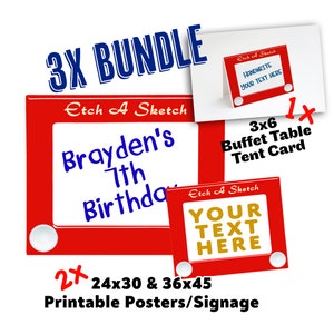 Op de afbeelding: Een bundel feestartikelen met een "Etch A Sketch" thema. Bevat een groot rood-wit bord met aangepaste tekst, twee posters en een tentkaart. De tekst bevat "Brayden's 7th Birthday" en "Your Text Here".