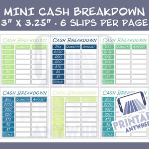 Puede incluir: Hojas de desglose de efectivo imprimibles, seis por página, con columnas para el importe de la factura, la cantidad y el importe total. Las hojas miden 7,6 cm por 8,3 cm y están diseñadas en un esquema de colores azul, verde y blanco.