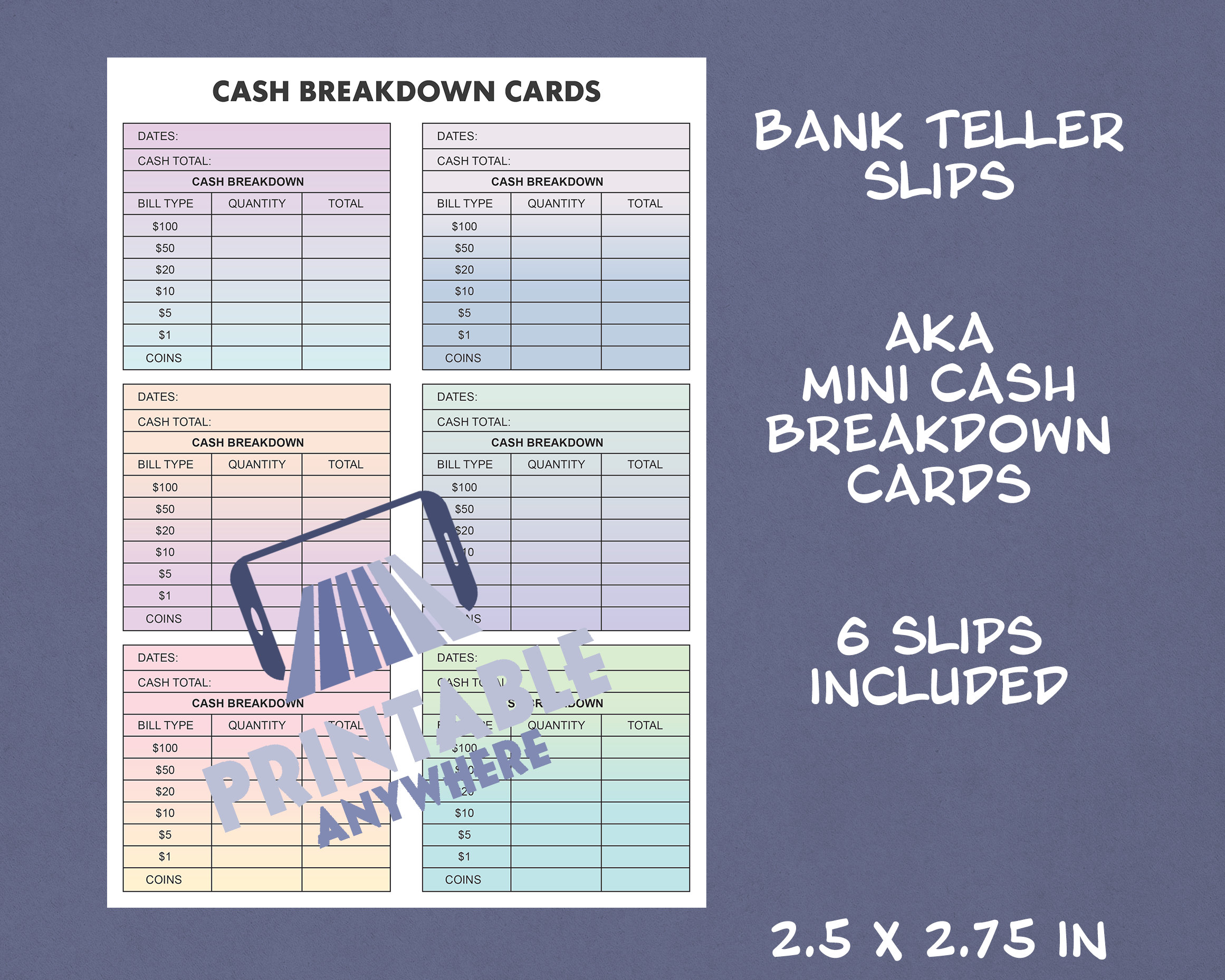 Cash Breakdown Cards Printable Bank Teller Slips Printable Cashier Slip