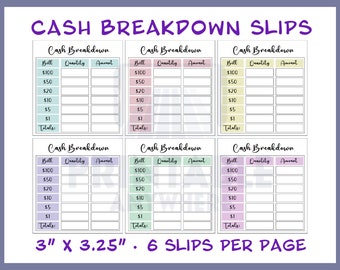 Mini Cash Breakdown Slip Printable Bank Teller Slip Printable Cash Slips Teller Bank Slips Cash Budgeting Printable 2 PDF A4 Size US Letter