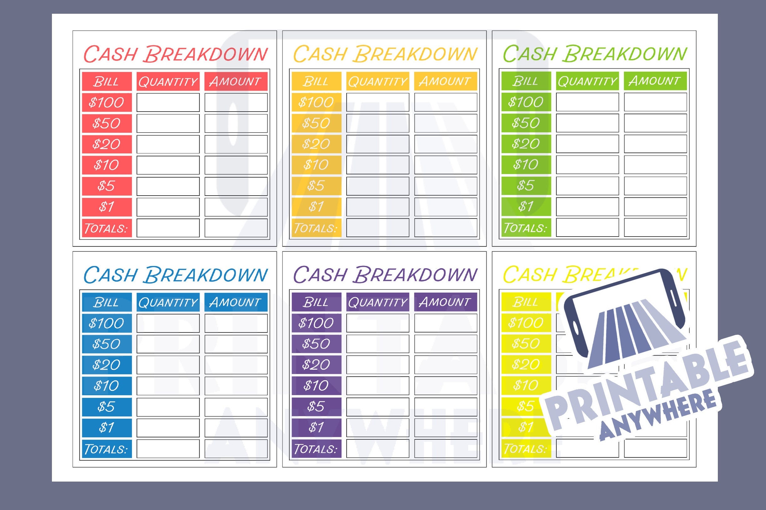 Mini Cash Breakdown Slip Printable Bank Teller Slip Printable Cash ...