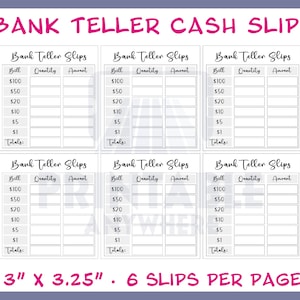 Cash Breakdown Slip Printable Mini Bank Teller Slip Printable Cash Slips Teller Bank Slips Cash Budgeting Printable 2 PDF A4 Size US Letter