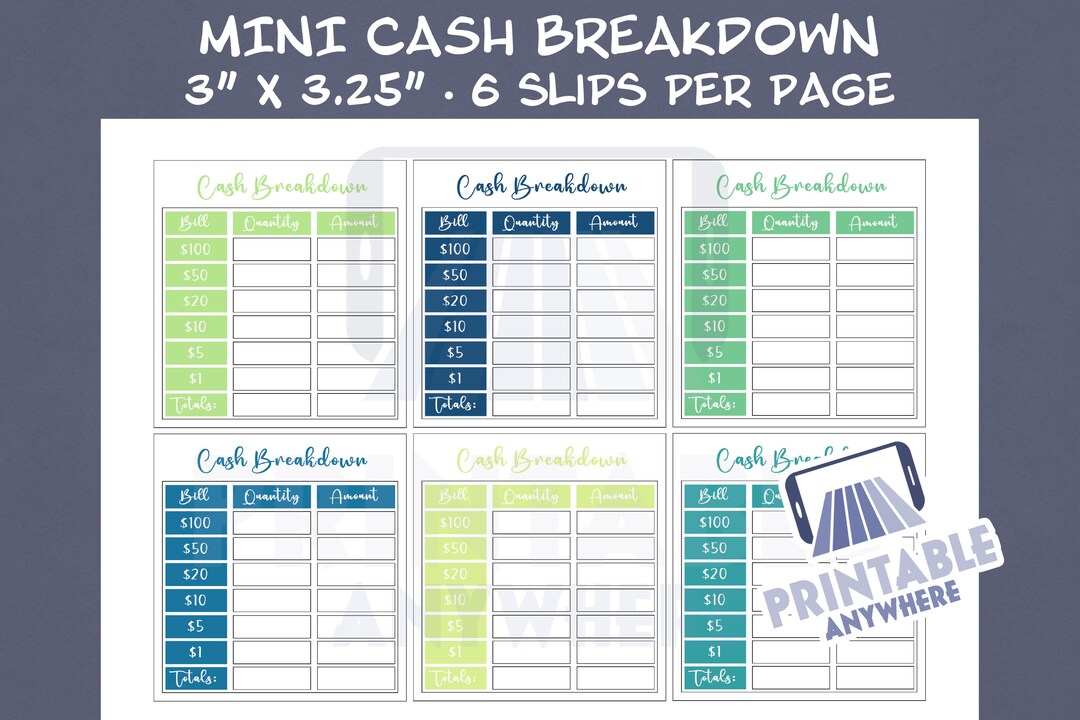 Mini Cash Breakdown Slip Printable Bank Teller Slip Printable Cash ...