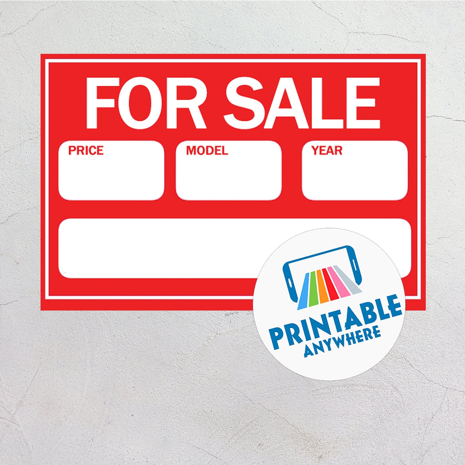 Car for Sale Sign Digital Download PDF Red Automobile for Sale Signage