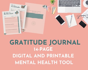 Peut inclure: Un fond rose avec un journal de gratitude numérique et imprimable. Le journal comporte 14 pages et comprend un outil de santé mentale. L'image comprend également un ordinateur portable, un téléphone, un stylo et d'autres fournitures de bureau.