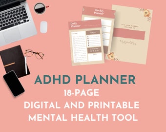 Peut inclure: Un planificateur ADHD numérique et imprimable de 18 pages avec un schéma de couleurs rose et beige. Le planificateur comprend un planificateur quotidien, un planificateur hebdomadaire et une page pour les informations personnelles. Le texte "THIS ADHD PLANNER BELONGS TO" est visible sur la couverture.