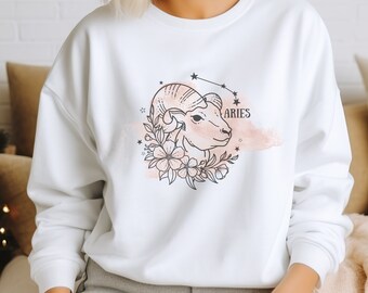 Aries sweatshirt, illustrative aries unisex crewneck, unisex zodiac crewneck, gift for aries person, zodiac sign and constellation