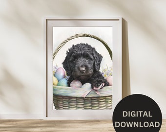 Easter Black Goldendoodle, Printable Digital Dog Art, Digital Download, Home Decor, Pet Portrait Decor, Watercolor Printable, Easter Art