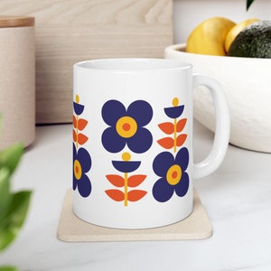 70&#39;s Retro Blue Orange Yellow Mug - Ceramic 11oz Mug, Retro Flower Mug, Tea & Coffee, Retro Kitchen, Floral Mug, Picnic cup, 60&#39;s Style Mug