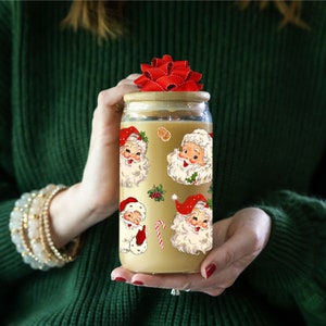 Vaso de cristal vintage de Papá Noel Libbey, vaso de café helado de Navidad, regalos de Navidad, bonito vaso de cristal de Papá Noel con tapa y pajita de cristal, bebidas para envolver en Navidad