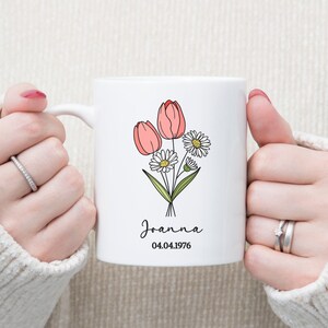 April Custom Name Birthday Mug - Tulip and Daisy Mug, Birth Month Flowers, Personalized Mug, April Birthday Mug, Flower Lovers & Florists