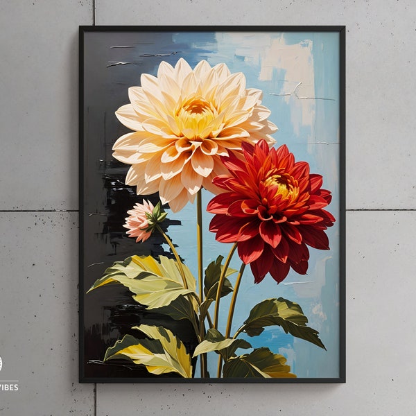 Flower Digital Print, Dahlia Flowers Print, Flower Digital Download, Digital Wall Art Print, Floral Wall Art, Digital Painting, Flower Print