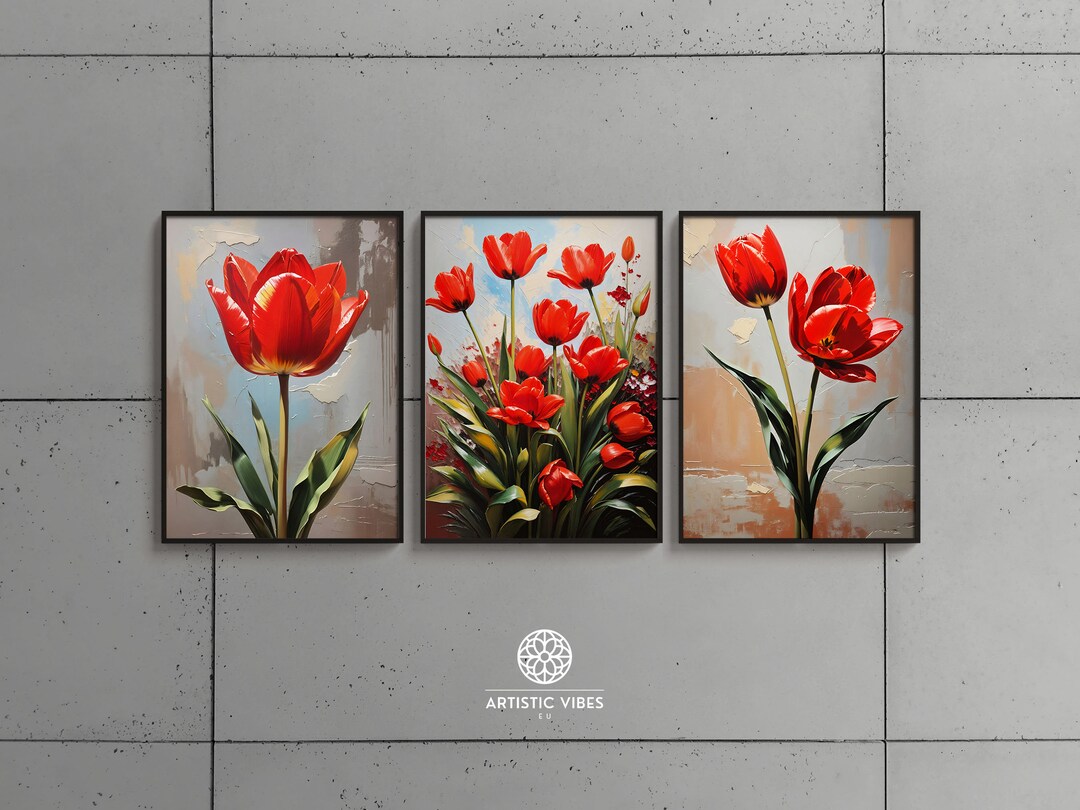 Set of 3 Flower Wall Art, Red Tulip Print, Flower Digital Prints ...