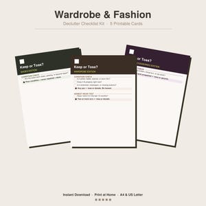 May include: A Wardrobe & Fashion declutter checklist kit featuring five printable cards. The cards include Keep or Toss sections for shoes, wardrobe, and accessories, with condition check lists and honest wear tests printed in black and white text.