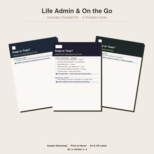 May include: A set of three printable checklist cards titled Life Admin & On the Go, featuring dark headers and white backgrounds. The cards include Keep or Toss sections for Travel Accessories, Important Documents, and a First Aid Kit edition.