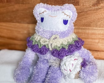 Plush fluffy yarn crochet frog, stuffed amigurumi toy froggy