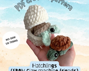 Turtle hatchlings from Claw Machine Friends, no-sew crochet PDF pattern, tortoise tiny amigurumi plushies