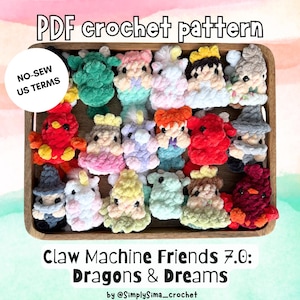 May include: A wooden tray displays a variety of colourful, crocheted plush toys, including dragons and other fantasy creatures. The image includes the text "PDF crochet pattern" and "Claw Machine Friends 7.0: Dragons & Dreams". The text "NO-SEW US TERMS" is also visible.