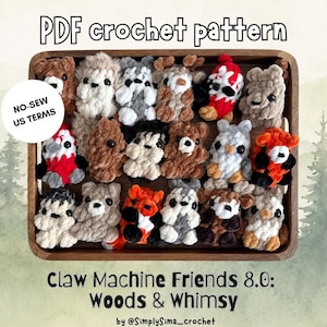 Woods&Whimsy Claw Machine Friends 8.0, no-sew crochet PDF pattern, woodland tiny amigurumi plushies