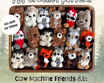 Woods&Whimsy Claw Machine Friends 8.0, no-sew crochet PDF pattern, woodland tiny amigurumi plushies