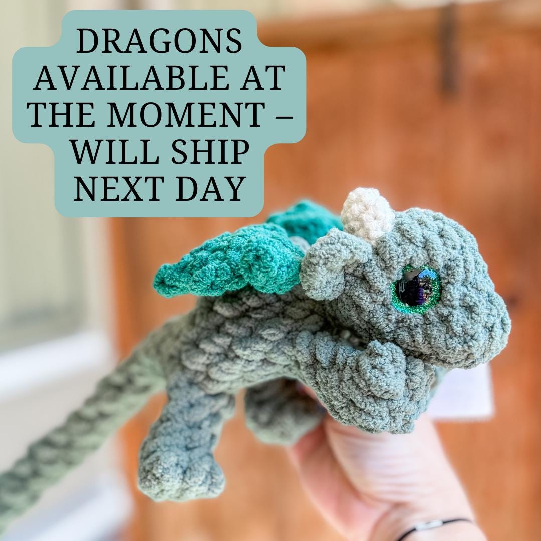Ready-to-go baby dragon plushie, in stock amigurumi handmade stuffie, chenille or blanket yarn, unstuffed body