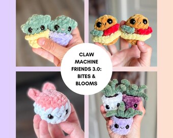 Bites&bloomsの縫わないかぎ針編みPDFパターン、Claw Machine Friends