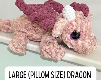 Large pillow sized baby dragon plushie, handmade stuffie, personalised colours, amigurumi toy made with plush blanket yarn, unstuffed body